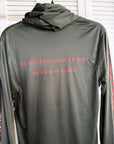 Olive hoodie with red words "Wear the Story Share the Story."